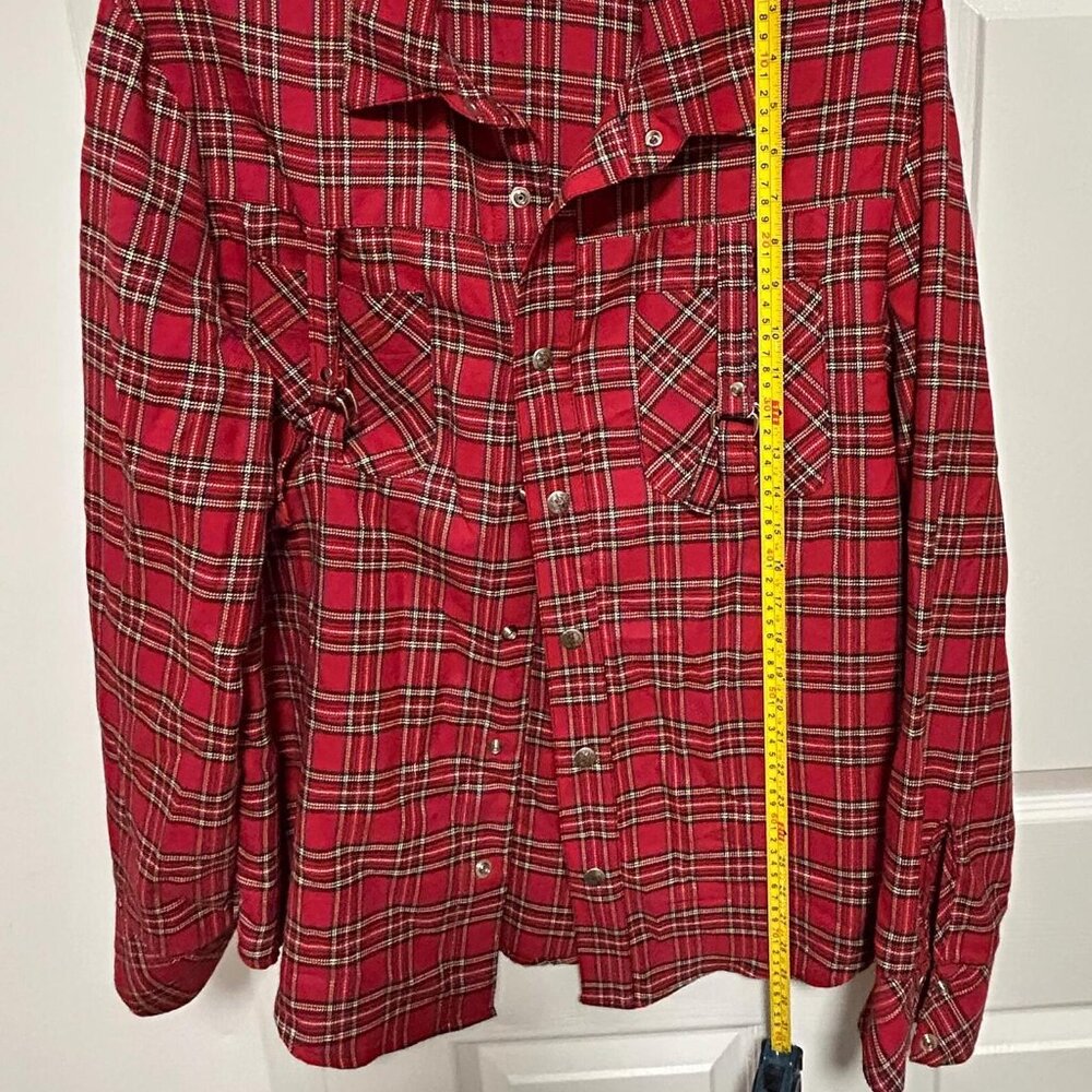 Rare Vintage USA Lip Service Tartan Red Plaid Goth Punk Shirt D Ring Men's XL - Picture 2 of 16